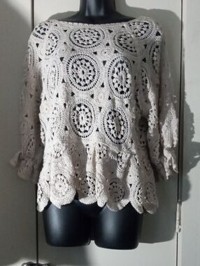 Solitaire Crochet Lace Peplum Top  Boho Cottage Core Layering Piece Cotton Blend